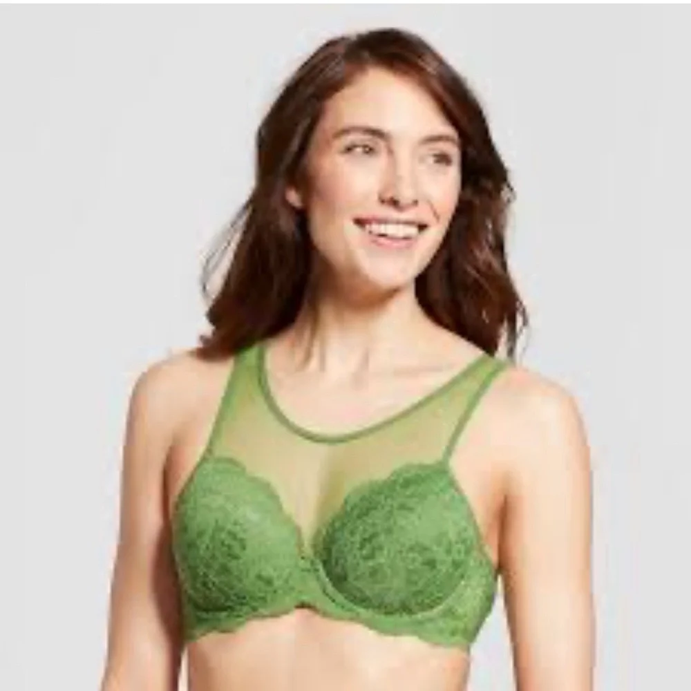 Gilligan & O’Malley Olive Lace Bra 34B NWT Mesh High Neck Bralette Style Trendy